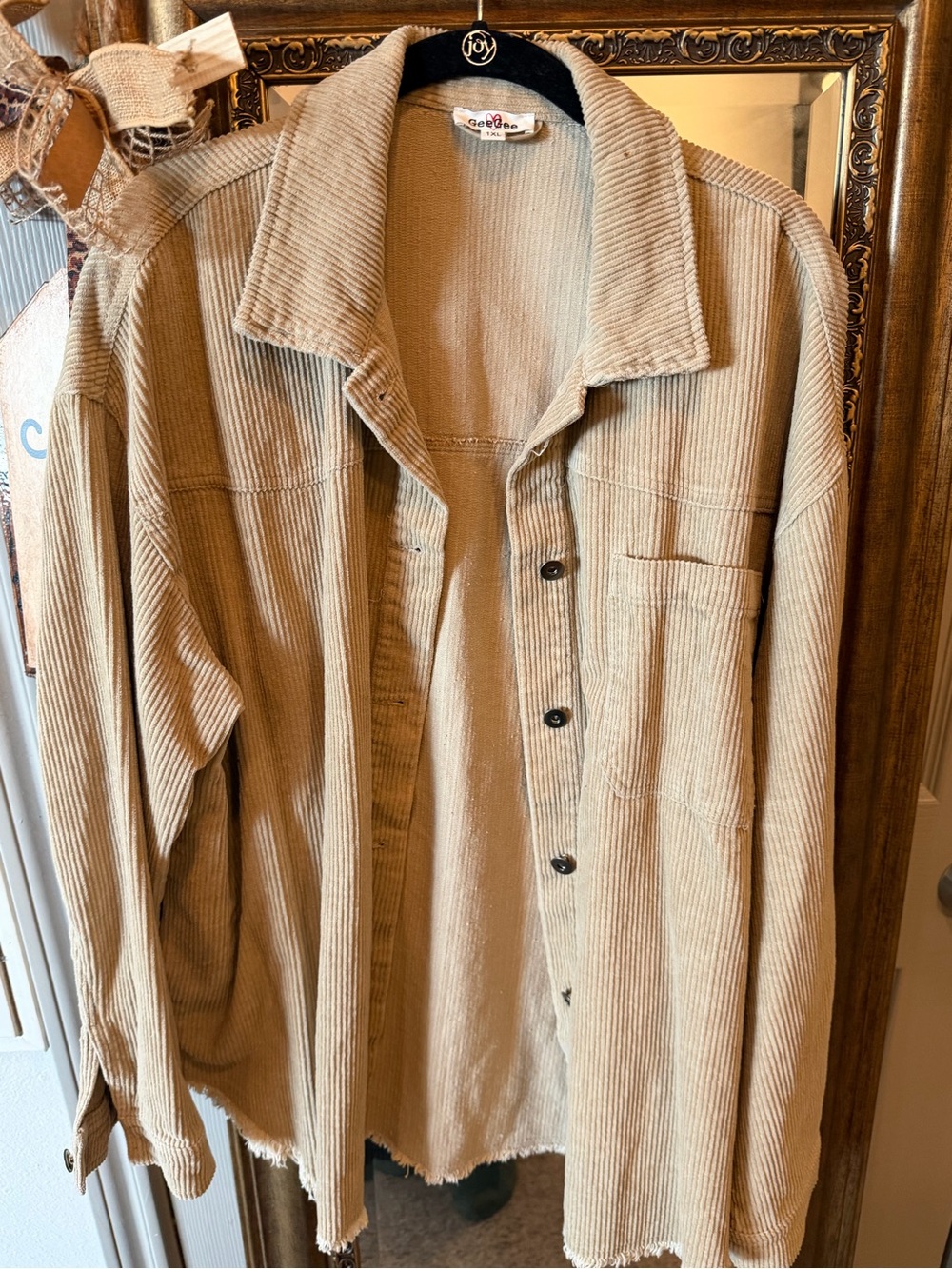 Corduroy Button-Front Shirt Shacket in Tan by